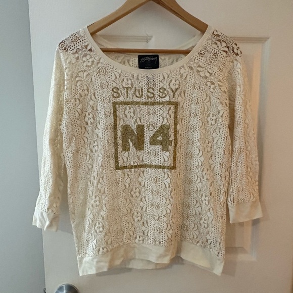 Stussy women’s SS02 No4 gold logo lace knit top size small - Picture 1 of 9